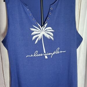 Live Simple Blue Tank Top with Palm Tree Design